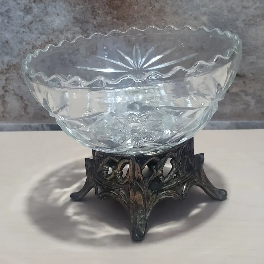 Vintage Clear Glass Compote Dish Metal Base Stand